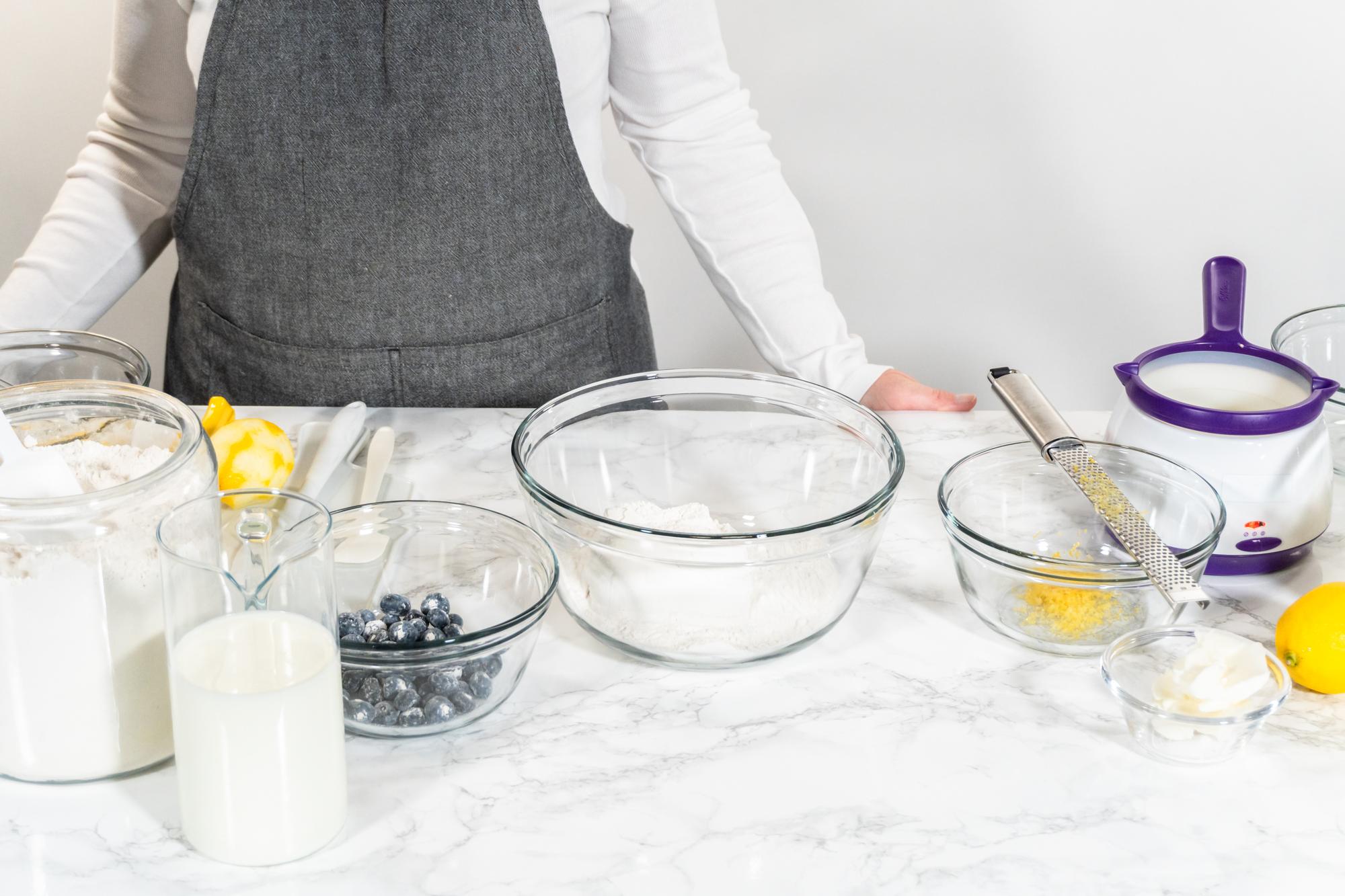 Open kitchen counter with ingredients and utensils