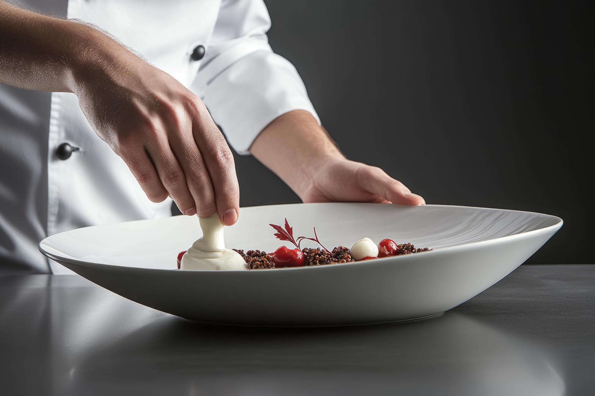 Chef arranging plated dish on modern table