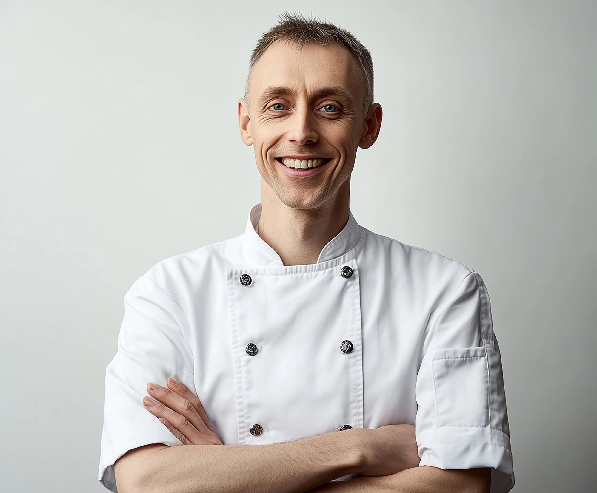 Head chef smiling in kitchen